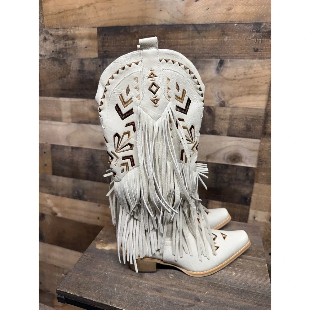 Western Fringe Embroidered Pointed Toe Cowboy‎ Boots Off White Cream Womens 7.5